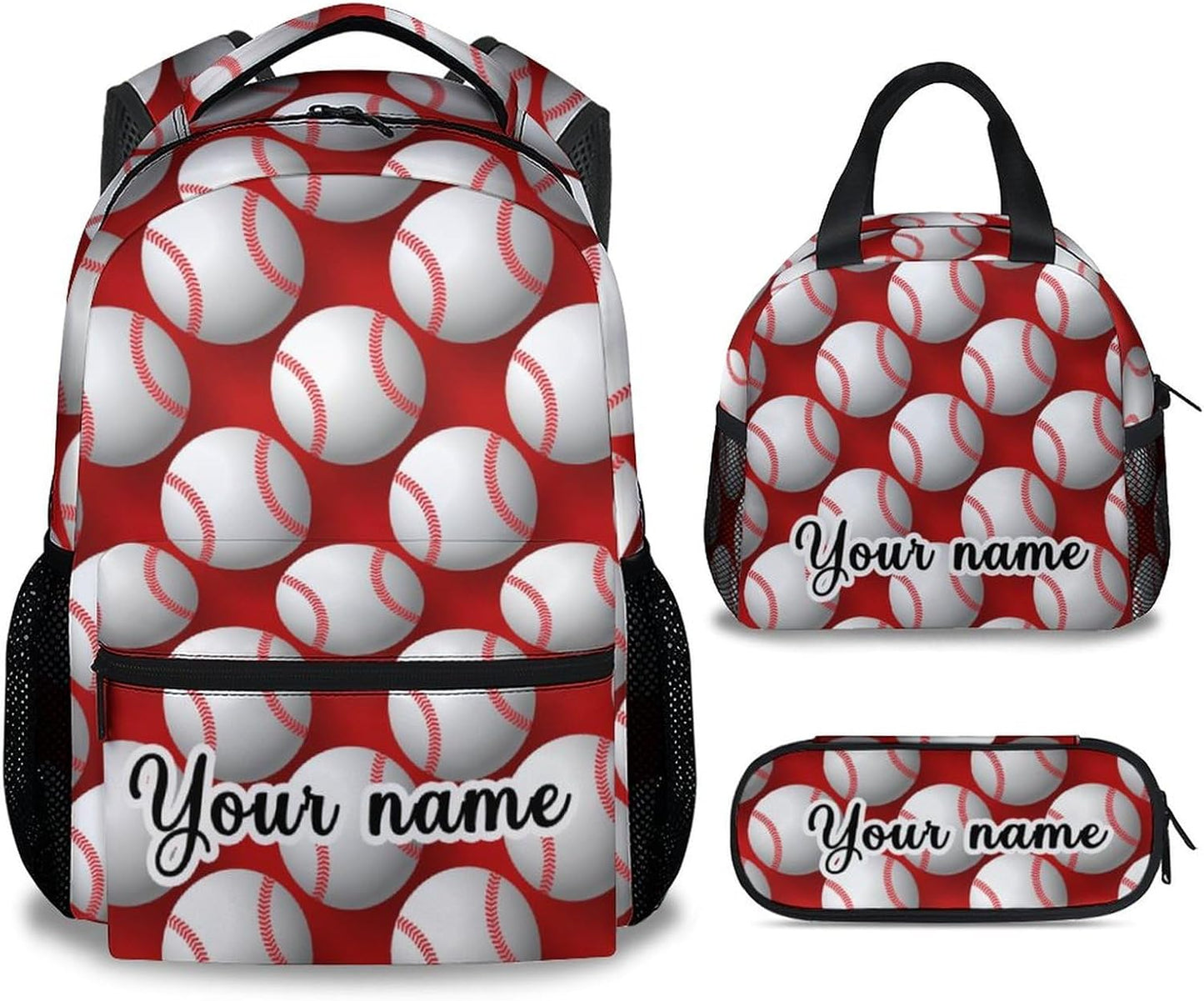 Personalized Baseball Backpack with Lunch Box Set for Boys, 3 in 1 School Backpacks Matching Combo, Sports White Bookbag and Pencil Case Bundle