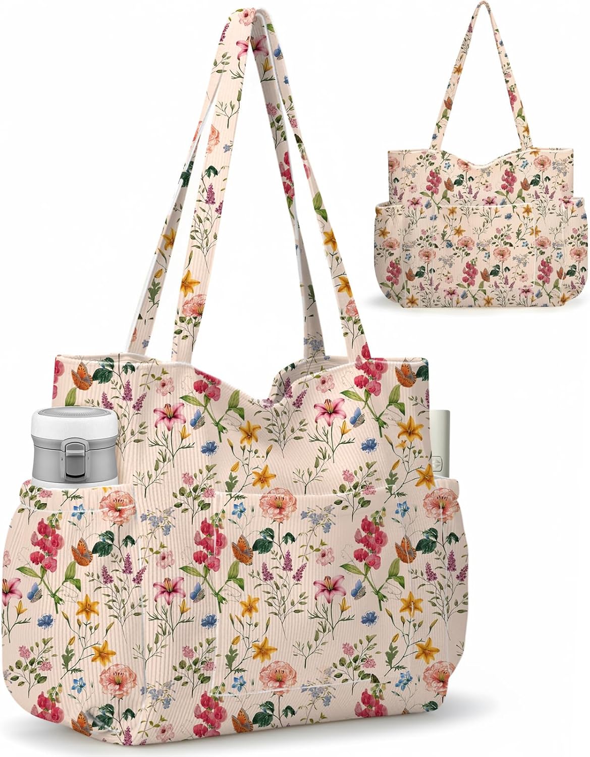 Corduroy Tote Bag for Women,Large Capacity Cute Tote Bags With 6 Pockets,Crossbody Shoulder Handbag for Work Travel Gym