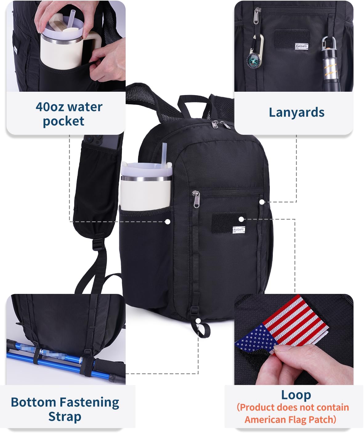 Blue Quartz 15L Hiking Backpack with Soft Flask, Ultralight Hiking Daypack with Chest Pockets for Phone Sternum Straps, Lightweight Foldable Packable Back Pack for Women Men(patent pending)