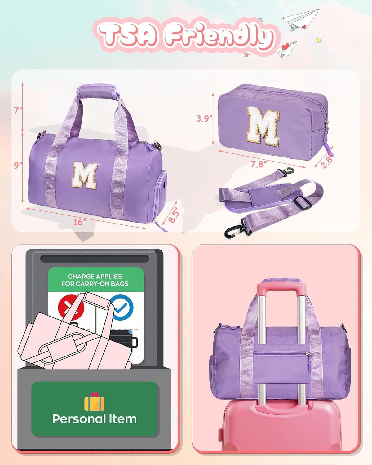 Granddaughter Gift from Grandmom-Girl Gym Bag with Shoe Compartment, Kid Personalized Weekender Overnight Bags, Initial Travel Tote with Makeup Pouch, Easter Gifts for Teen (Letter C)