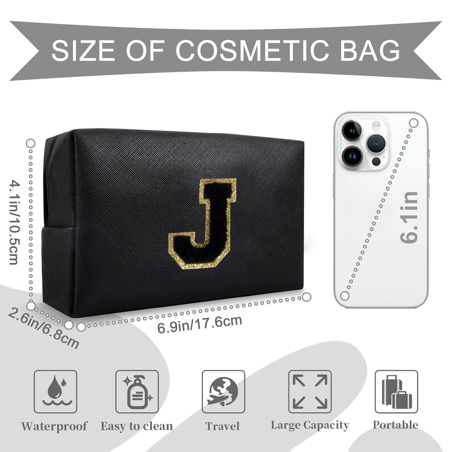 Personalized Initial A-Z Preppy Patch Makeup Bag,Small PU Chenille Letter Cosmetic Bag with Zipper for Teen Girls,Black Cute Toiletry Organizer Bag,Monogram Makeup Case Gift for Women Girls,Letter J