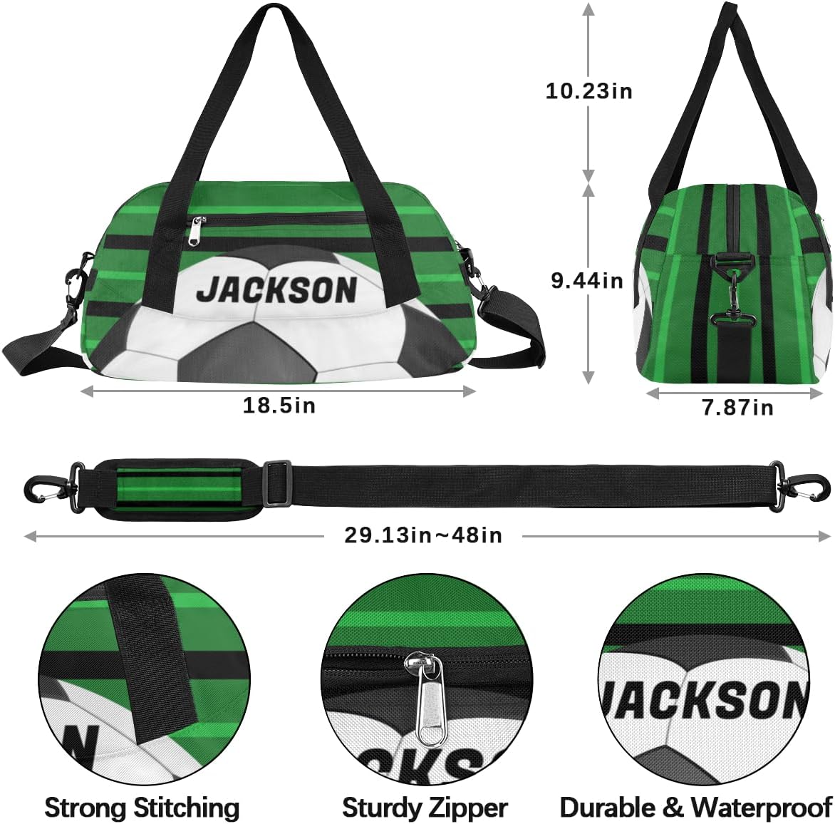 Football Sport Custom Name Kids Overnight Duffel Bags Boys Green Stripe Personalized Sport Gym Bag Customized Duffel Bag for Travel Weekender Practice Gymnastics