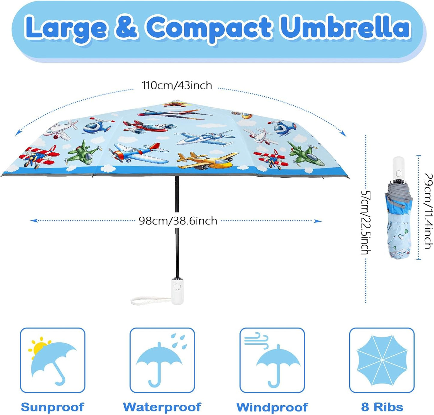 Autoamtic Kids Umbrella UV Resistant, Folding Compact Umbrella 360° Reflective Strip for Travel Outdoor, Lightweight Cute Kids Parasol Anti-rebound Safe for Toddler