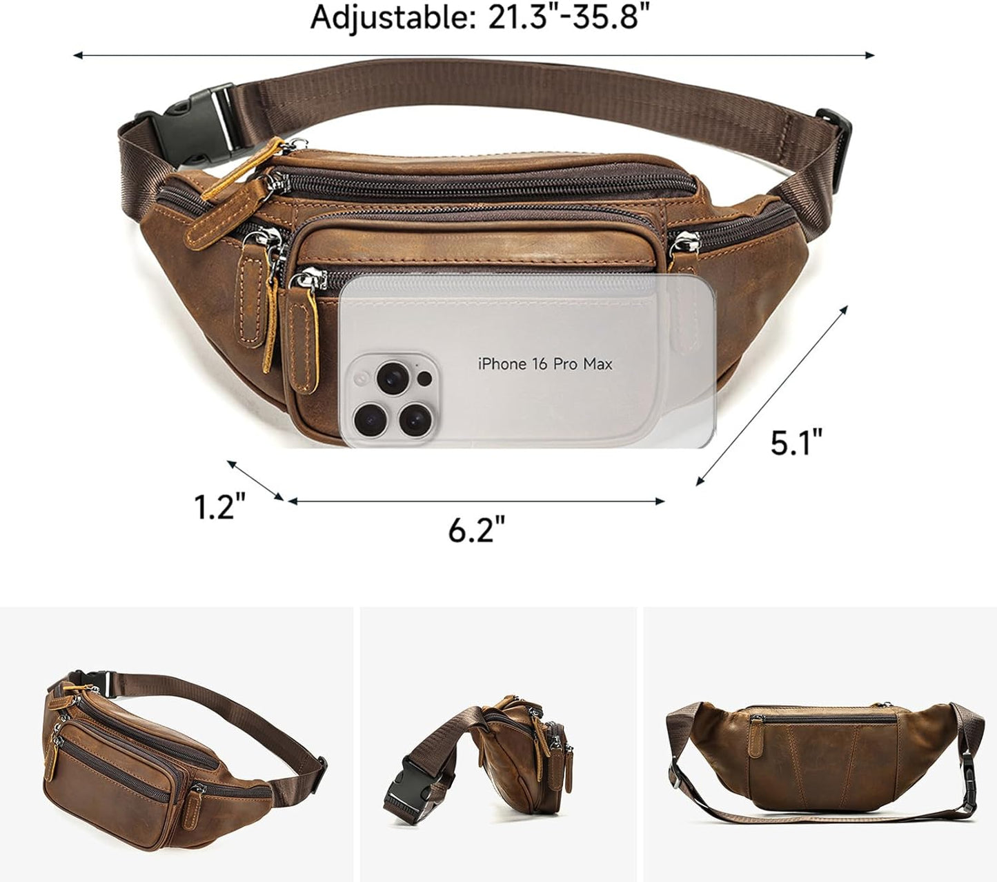 Crazy Horse Leather Mens Fanny Pack for Women Belt Bag Purse Running Waist Pack for Phone Bum Hip Bags Shoulder Crossbody Bags