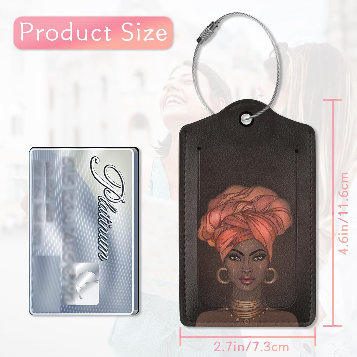 Luggage Tags for Suitcases, 2 Pack Black Women Luggage Tag, African Art Luggage Tag Leather Stainless Steel Loop Label Tag for Men Travel Bag Suitcase