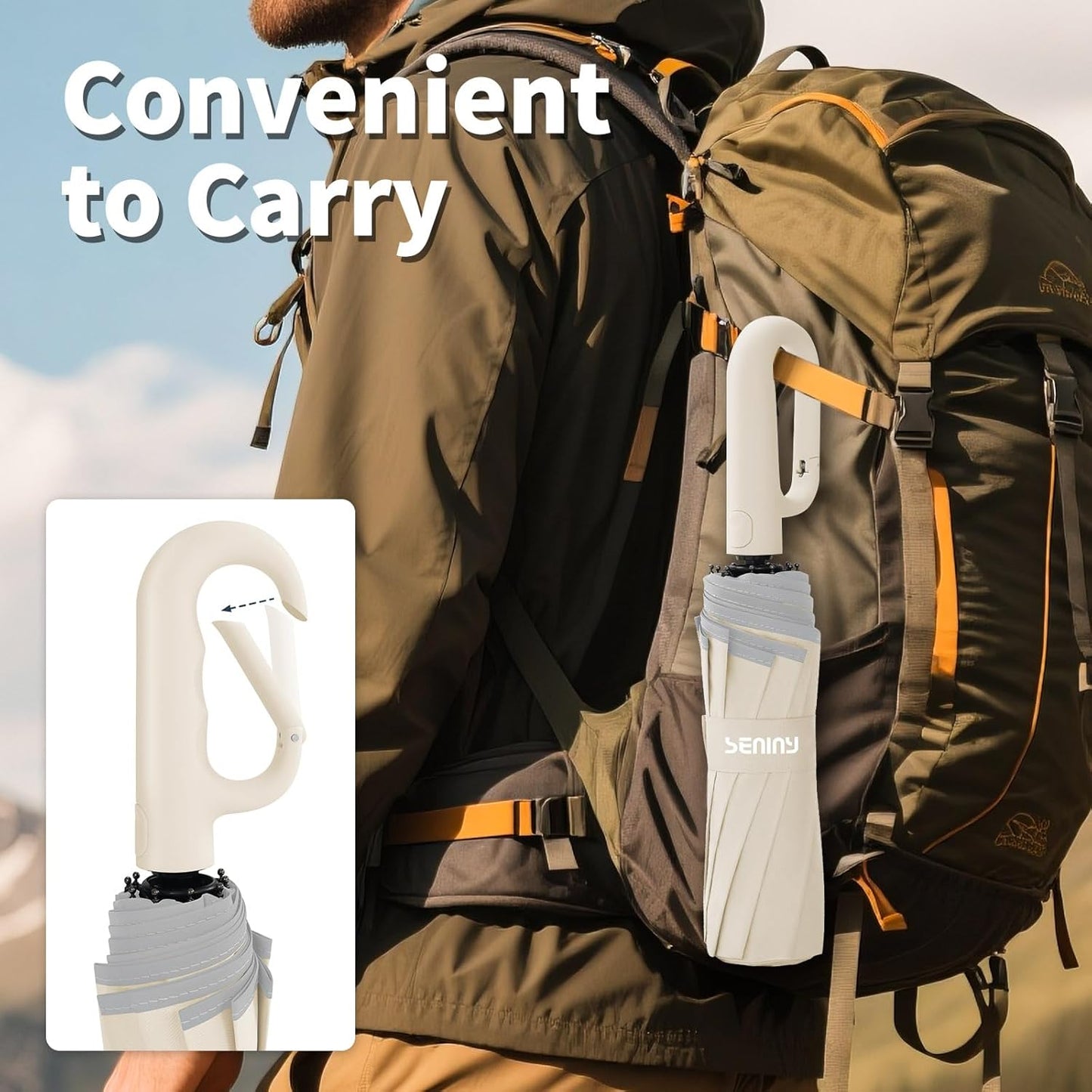 Seniny Travel Umbrella with Carabiner Handle, Windproof Large Umbrellas for Rain with Dual-Rib Structure, Portable Compact Umbrella with Reflective Strip, Car Backpack UV Umbrellas for Sun Protection