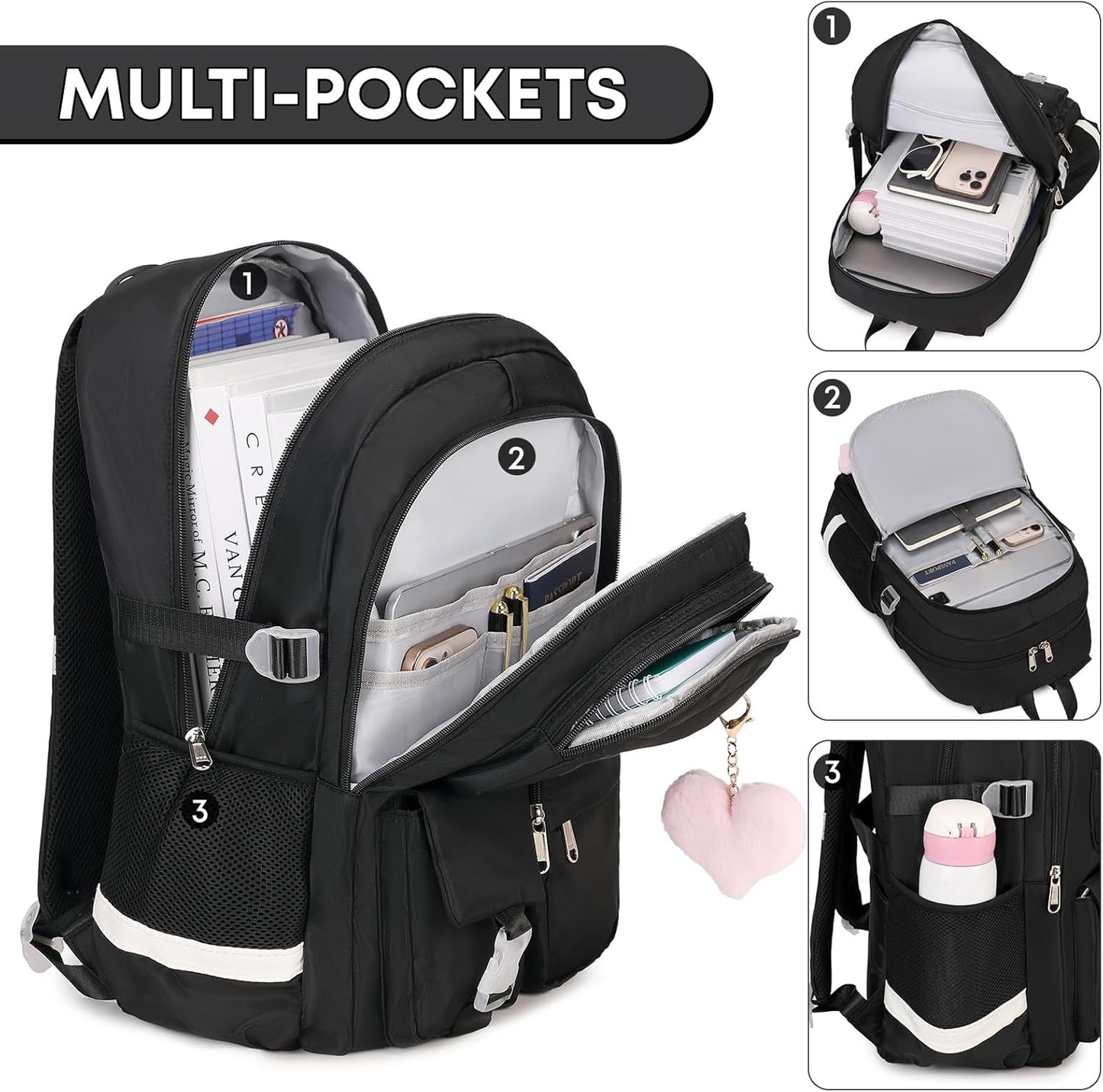 3PCS School Backpack For Student Women College Middle High Teen Girls Bookbag Waterproof Laptop Bag