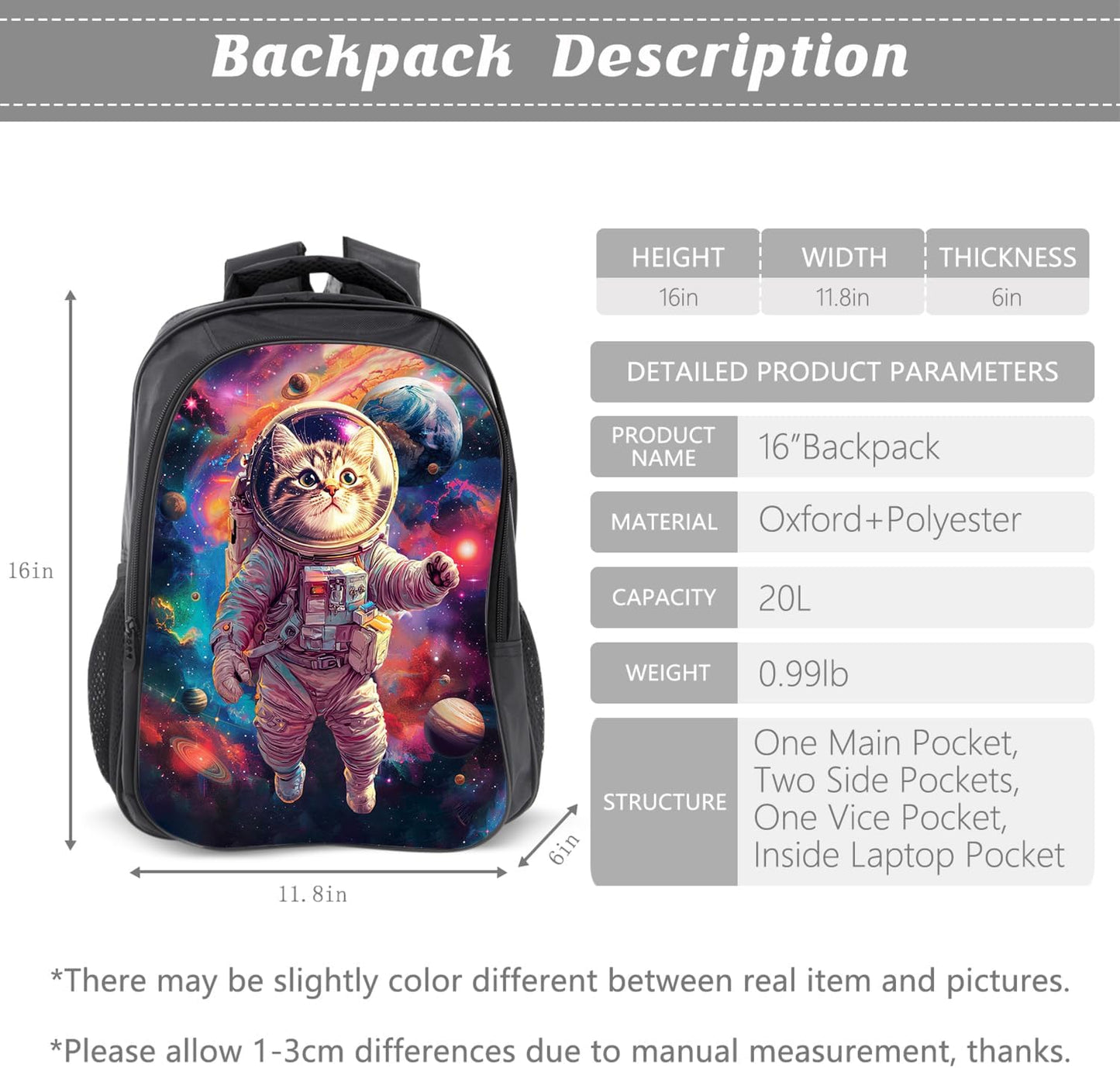 Space Cat Backpack Astronaut Kids Bookbag 16inch Schoolbag With Lunch Box Bag And Pencil Case Set For Boys Girls