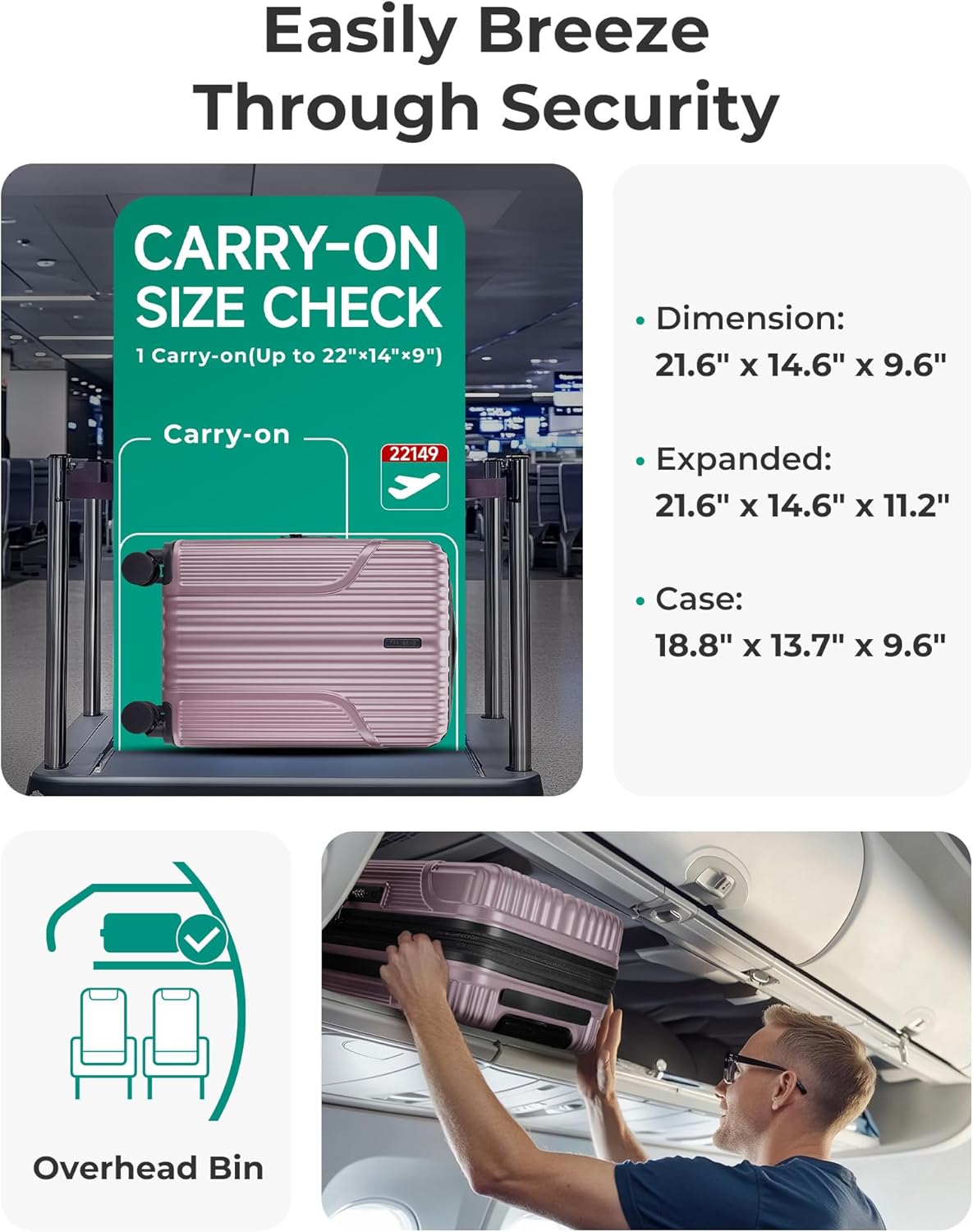BAGSMART Carry On Luggage 22x14x9 Airline Approved, luggage with Spinner Wheels, 20 Inch Expandable Hardside Carry On Suitcase with TSA Lock Rolling Travel suitcase Carry-On, Pink Lavender