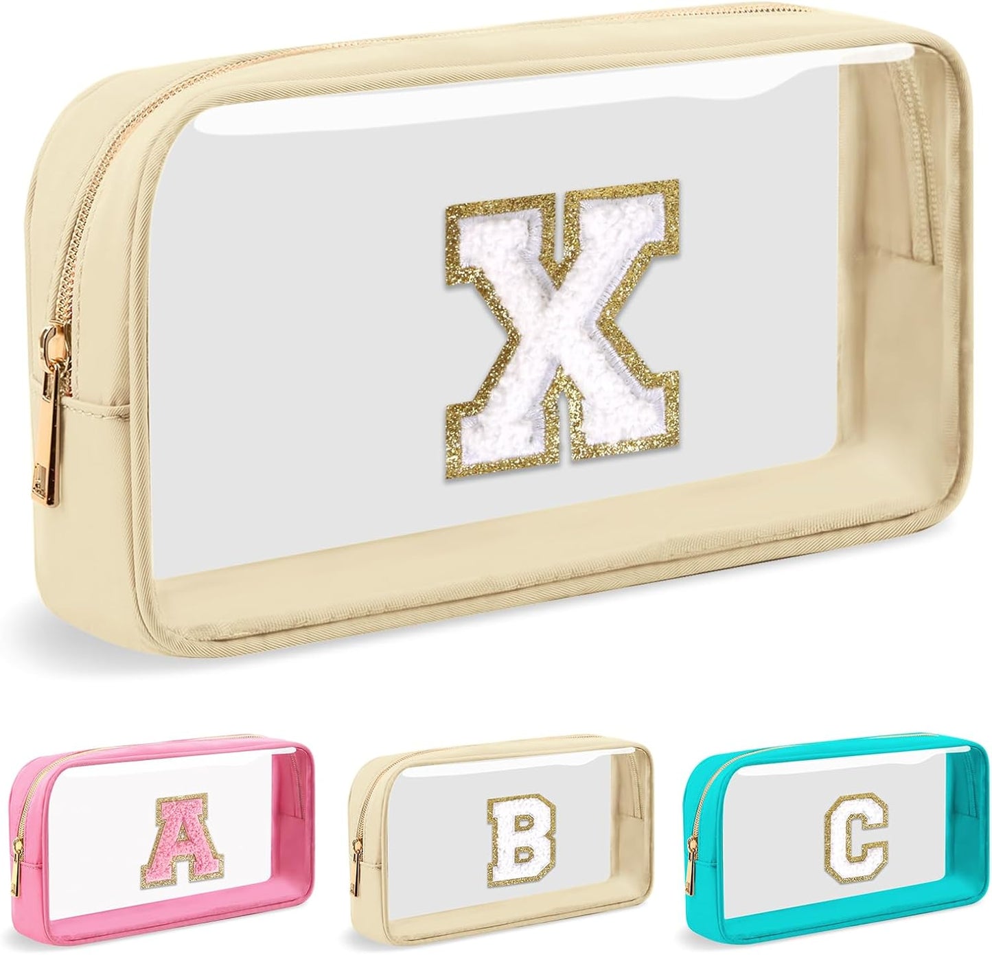 Personalized Initial Letter Clear Makeup Bag,Preppy Small Nylon&PVC Cosmetic Zipper Bag with Chenille Letter,Portable Beach Travel Skincare Toiletry Bag,Trendy Monogram Gift for Teen Girls Women,X
