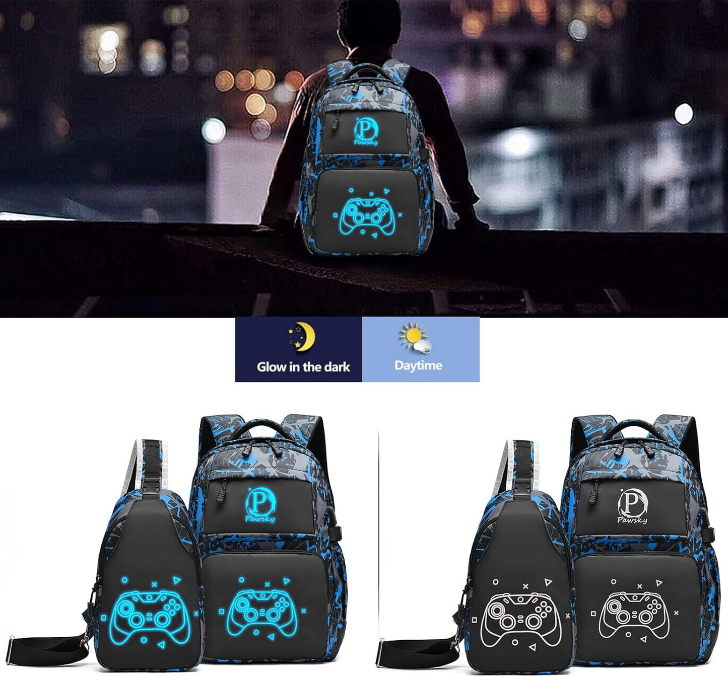 Anime Luminous Backpack School Backpack with USB Charging Port for Teen Boys, College School Bookbag Lightweight Laptop Bag with Sling Bag Set, Blue