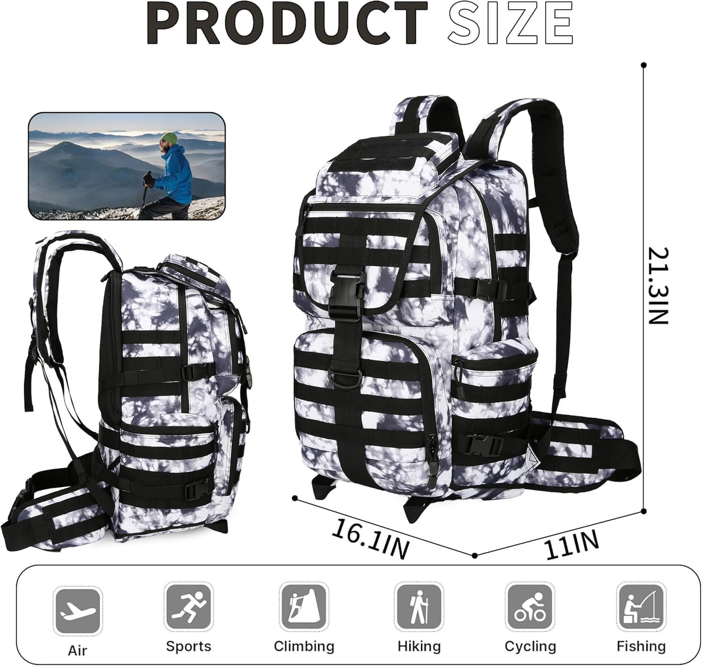 50L Military Tactical Backpack 3 Day Assault Pack Molle Daypack Hiking Backpack for Men and Women (Black white Tie-Dye)