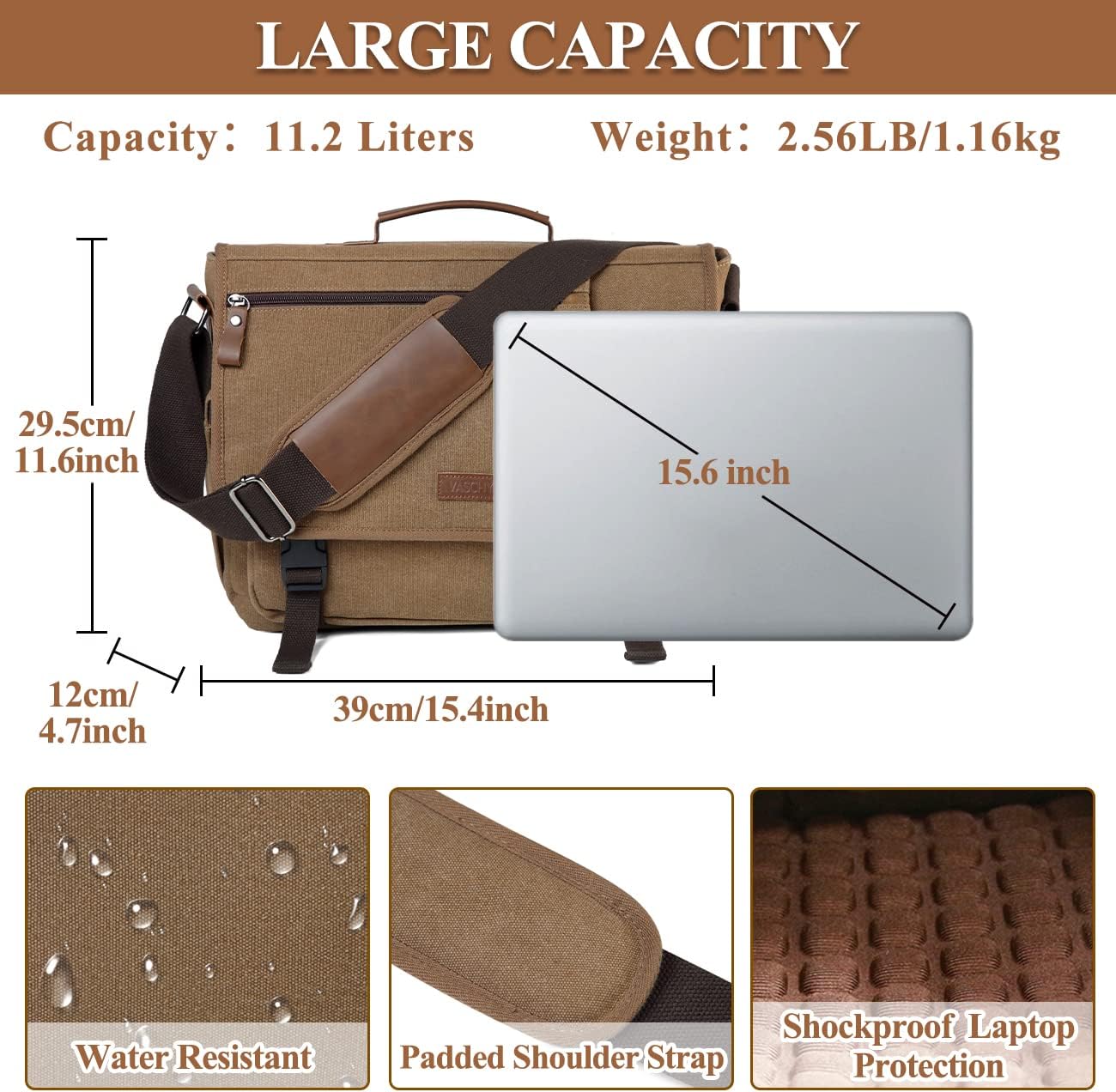 VASCHY Messenger Bag for Men,Canvas Briefcases 15.6in Laptop Bag Crossbody Satchel Computer Bags for Work Office Women