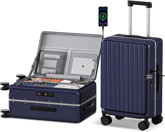 SKYROMER 20 Inch carry on luggage 22x14x9 airline approved Hard Shell Spinner Suitcase Top Opening Aluminum Frame Travel Luggage Suitcases for Woman Men Gifts (Blue)