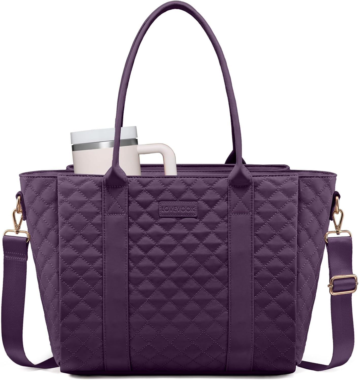LOVEVOOK Laptop Bag for Women，Work Bag Teacher Tote Bag With Large Cup Holder, Quilted Crossbody