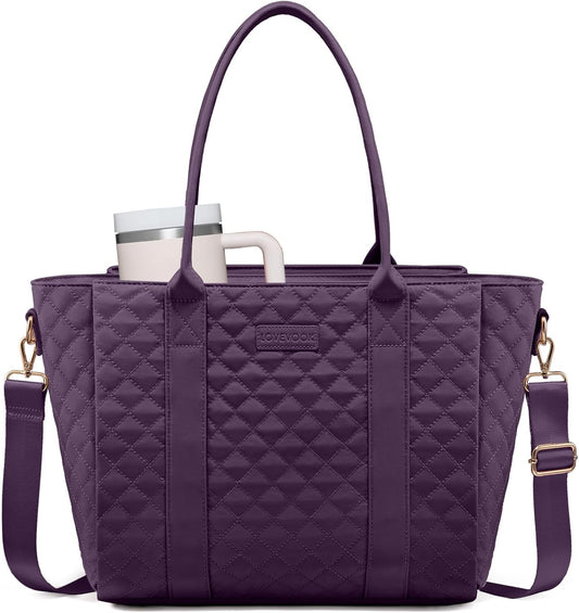 LOVEVOOK Laptop Bag for Women，Work Bag Teacher Tote Bag With Large Cup Holder, Quilted Crossbody bag with Zipper for Travel