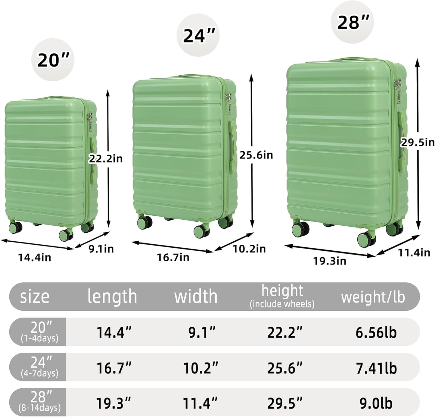 Campfun 3 Piece Luggage Sets, ABS Suitcase Set with Double Spinner Wheels Hang Hook, Durable Carry
