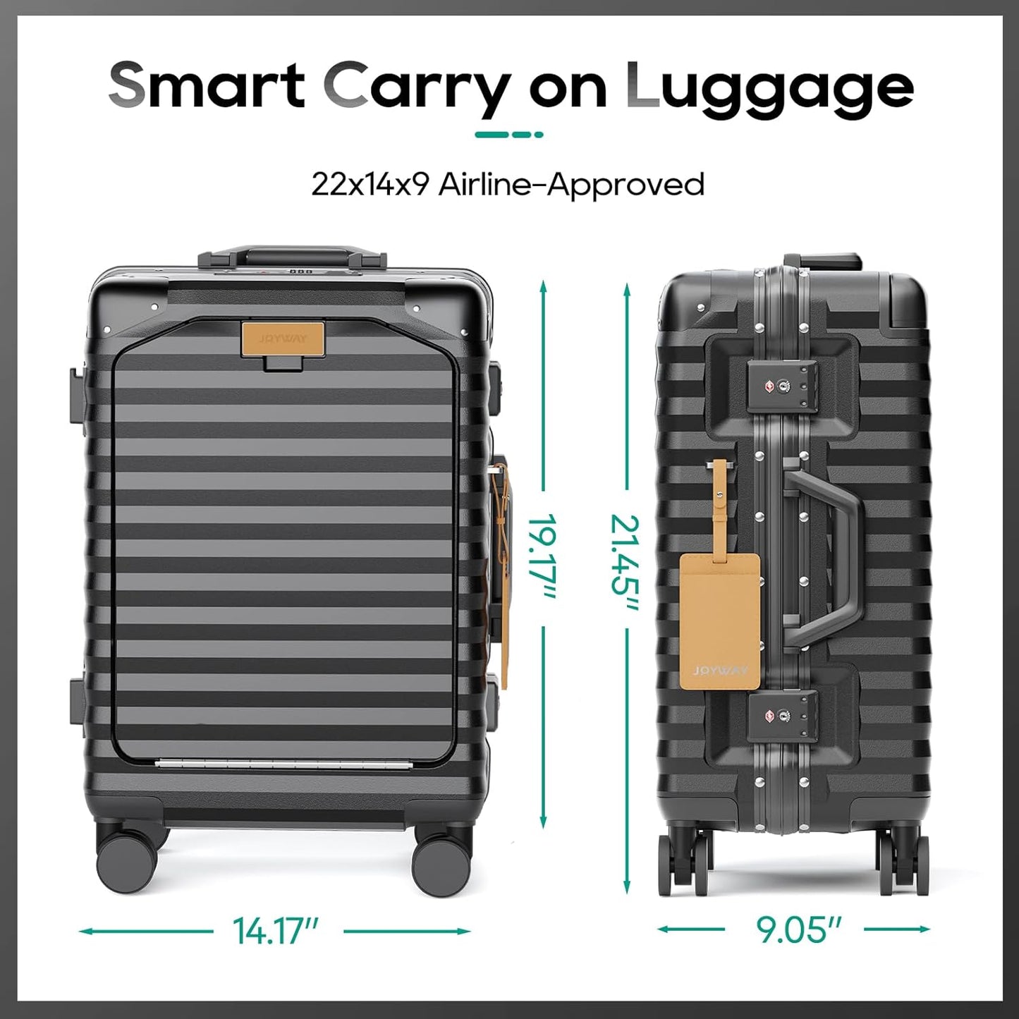 Joyway 20 Inch Carry on Luggage with Aluminium Frame and Front Pocket, PC Hardshell Suitcase with USB Port and Cup Holder, 21.5x14.2x9 Airline Approved, Luggage with Spinner Wheels and TSA Lock (Grey)
