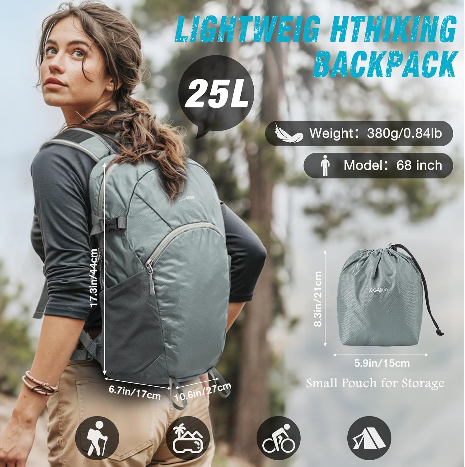 G4Free Hiking Backpack with Thickened Back Panel Packable 25L Lightweight Foldable Travel Daypack