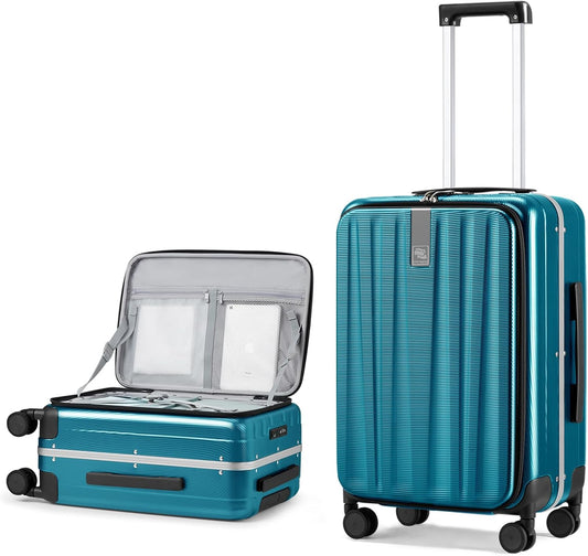 Hanke 24 Inch Checked Luggage Hard Shell Top Opening Aluminum Frame Hardside Medium Suitcase with Spinner Wheels, Durable Rolling Luggage for Men & Women Travel, Caribbean Blue