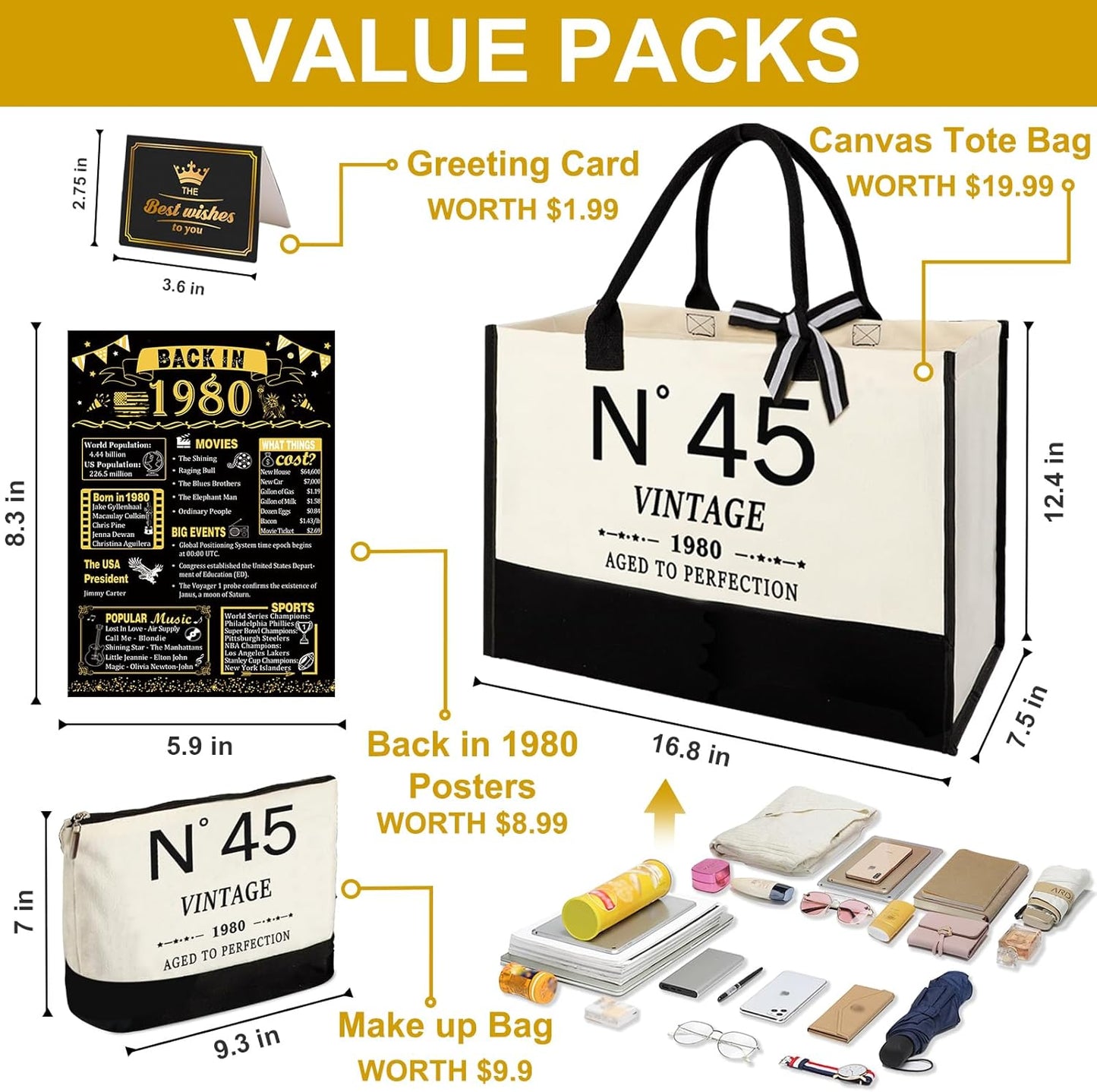 45th Birthday Gifts for Women Canvas Tote Bag Travel Gear,Unique 45 Years Old Gifts for Wife Mom Sister Aunt Friends Her, Vintage N°45 Handbag & Cosmetic Bag & Back in 1980 Poster
