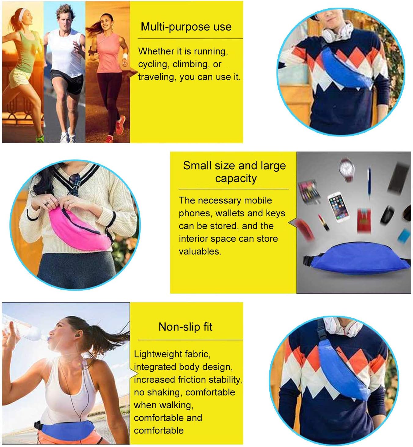 Unisex Men Women Fashion Sporty Multi-purpose 2-Zipper Waist Belt Bag Fanny Pack Adjustable Strap for Sport Hiking Traveling Passport Wallet (Purple)
