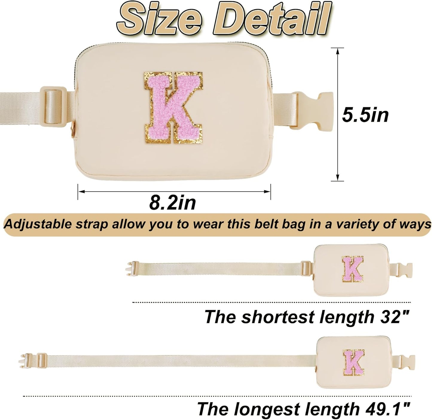 Belt Bag Fanny Pack Crossbody Bags with Initials Letter Patch Cute Stuff Birthday Gifts for Teenager Girls Trendy Stuff for Teens | Khaki,K