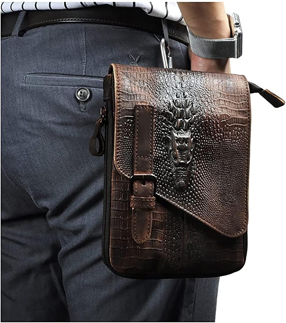 Genuine Leather Small Messenger Bag for Men, Shoulder Satchel with Phone Pouch & Waist Fanny Pack Strap