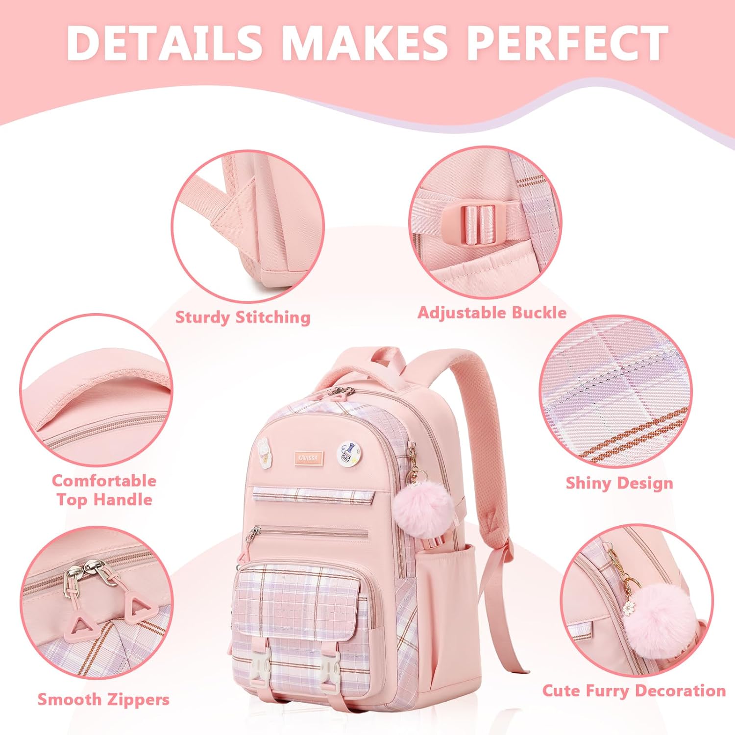 Girls Backpack for School, Kawaii Bookbag for Teen Multiple Pockets School Bag for Primary