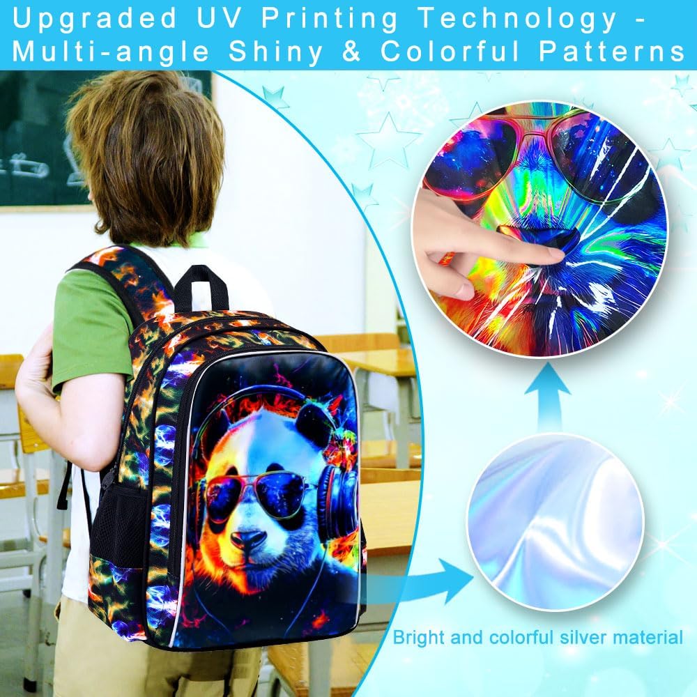 3PCS Panda Bookbag for Boys, Water Resistant Kids Backpack with Lunch Box, 17" School Bag Set for Teenagers Middle Elementary - Sunglasses Panda