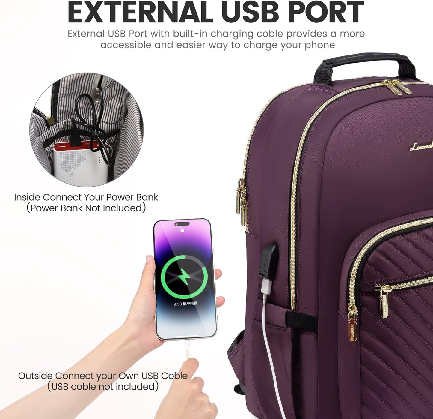 LOVEVOOK Laptop Backpack for Women 15.6 inch,Cute Womens Travel Backpack Purse,Professional Laptop Computer Bag,Waterproof Work Business College Teacher Bag Carry on Backpack with USB Port,Deep Purple