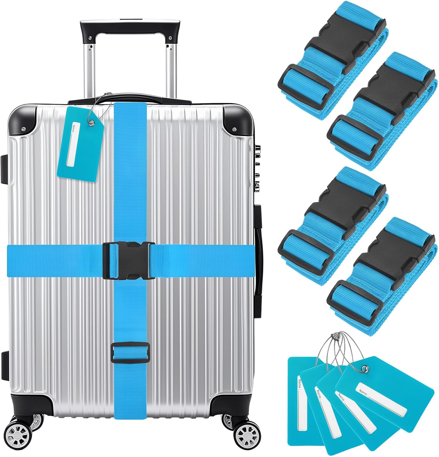 4-Sets Luggage Straps TSA Approved, Travel Straps for Luggage Suitcase Tags Set, Adjustable Suitcase Belt [Sky Blue]
