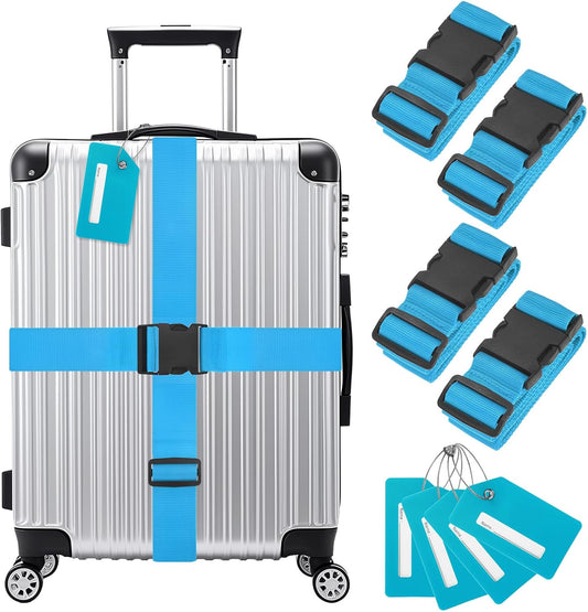 4-Sets Luggage Straps TSA Approved, Travel Straps for Luggage Suitcase Tags Set, Adjustable Suitcase Belt [Sky Blue]