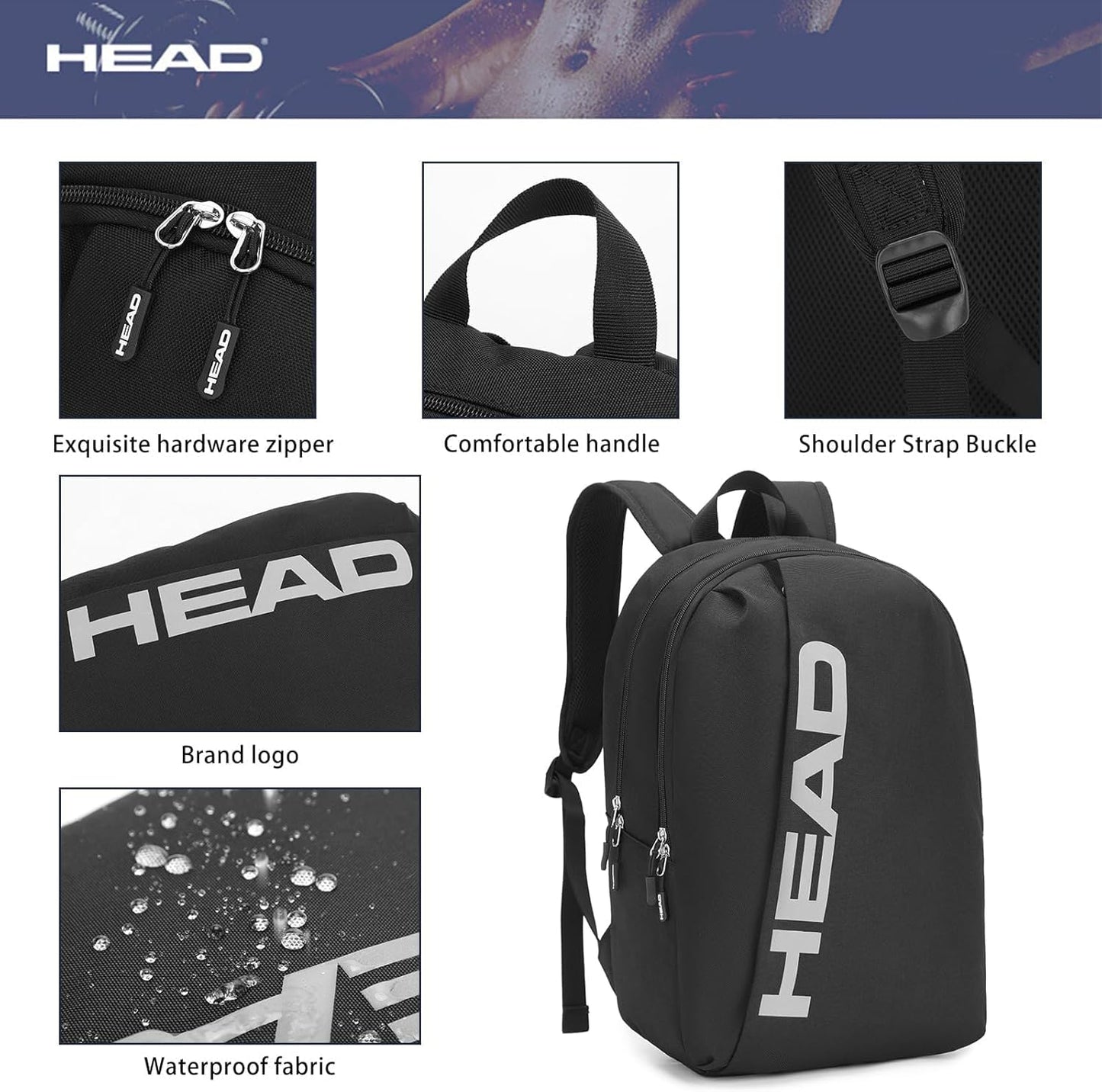 HEAD Waterproof Sports Gym Backpack for Women & Men, Large Casual Daypack Travel Backpacks for College/Weekender Overnight/Work/Fitness, 15.6 inch Laptop Backpack Lightweight Computer Bag Notebook Bag
