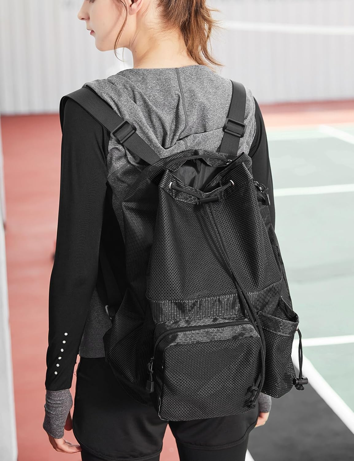 Lohol Large Mesh Drawstring Backpack with Shoe Bag, Durable Swimming String Sack with Handle for