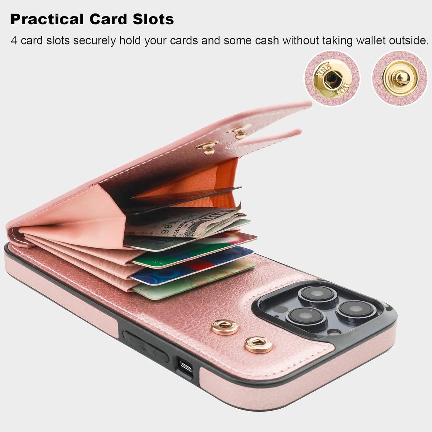 Folosu Compatible with iPhone 14 Pro Max Case Wallet with Card Holder, 360°Rotation Finger Ring Holder Kickstand, RFID Blocking Leather Protective Double Buttons Shockproof Cover 6.7 Inch Rose Gold