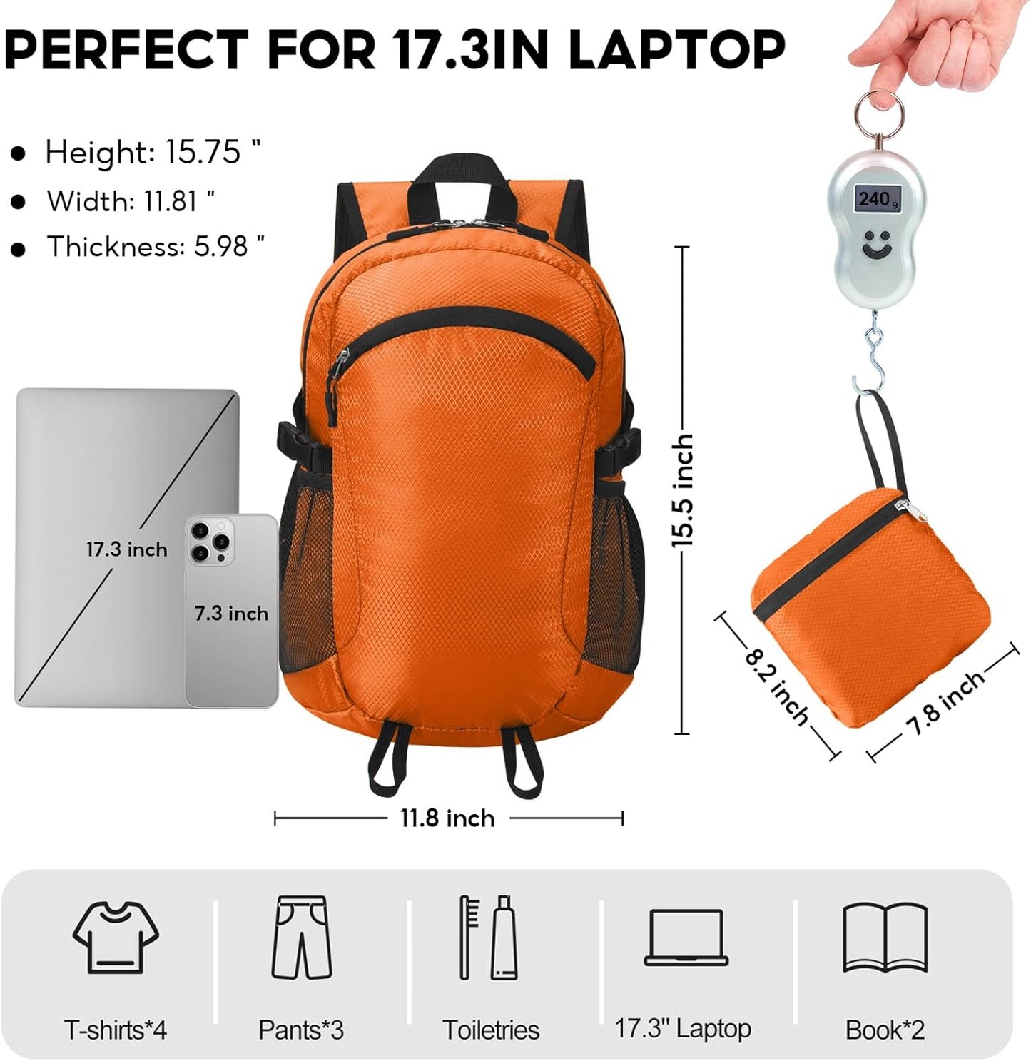 Small Hiking Backpack 15L Travel Lightweight Hiking Packable Daypack Water-Resistant Foldable Backpacks for Women Men Camping (Orange)