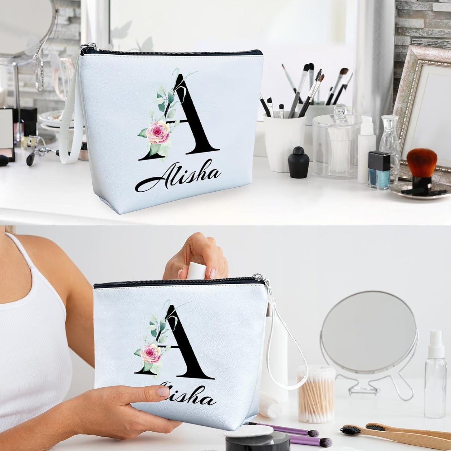 ubmpj Personalized Makeup Bag PU Leather Waterproof Custom Monogrammed Cosmetic Bag with Inner Pocket Gift for Wedding Birthday Christmas Bride Bridesmaid Friends