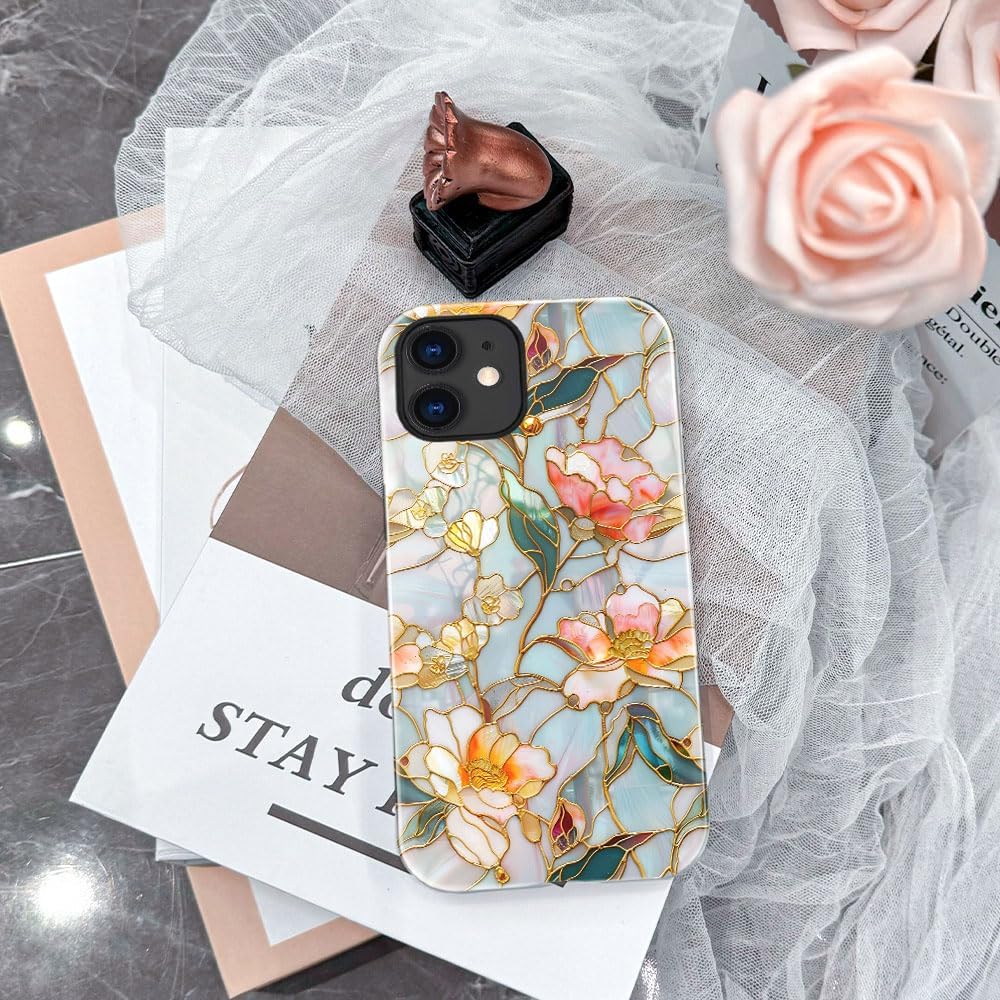 Case for iPhone 12 - Slim Fit Anti-Scratch Phone Case for Girl Women - Stained Glass Aesthetic Flowers (Glossy)