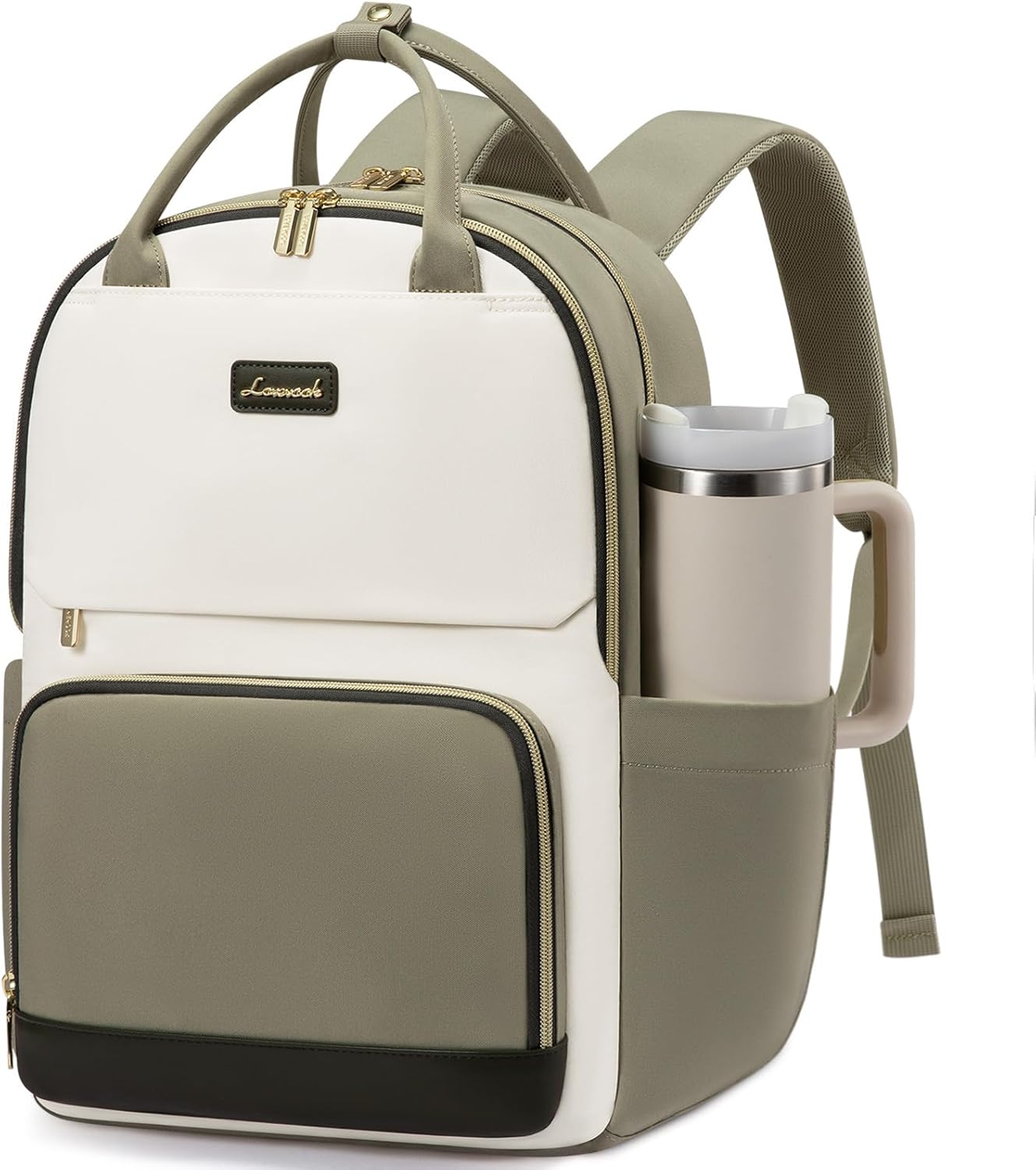 LOVEVOOK Laptop Backpack for Women with Giant Tumbler Holder Pocket, 15.6 inch Travel Work Backpack Purse for Teacher Nurse, Waterproof College Book Bag Cute Casual Daypack, Beige-Green