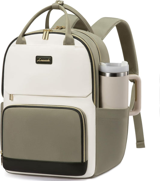 LOVEVOOK Laptop Backpack for Women with Giant Tumbler Holder Pocket, 15.6 inch Travel Work Backpack Purse for Teacher Nurse, Waterproof College Book Bag Cute Casual Daypack, Beige-Green