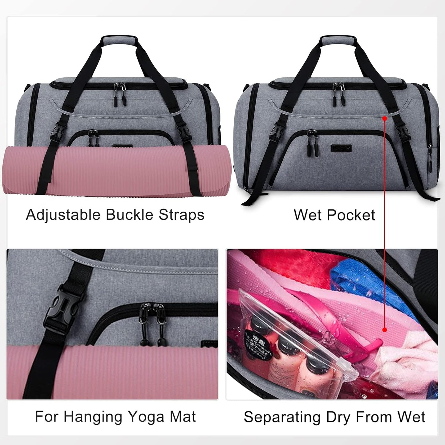 Gym Duffle Bag for Women Men 40L Waterproof Sports Bags Travel Duffel Bags with Shoe Compartment,Wet Pocket Large Weekender Overnight Bag with Toiletry Bag,Grey