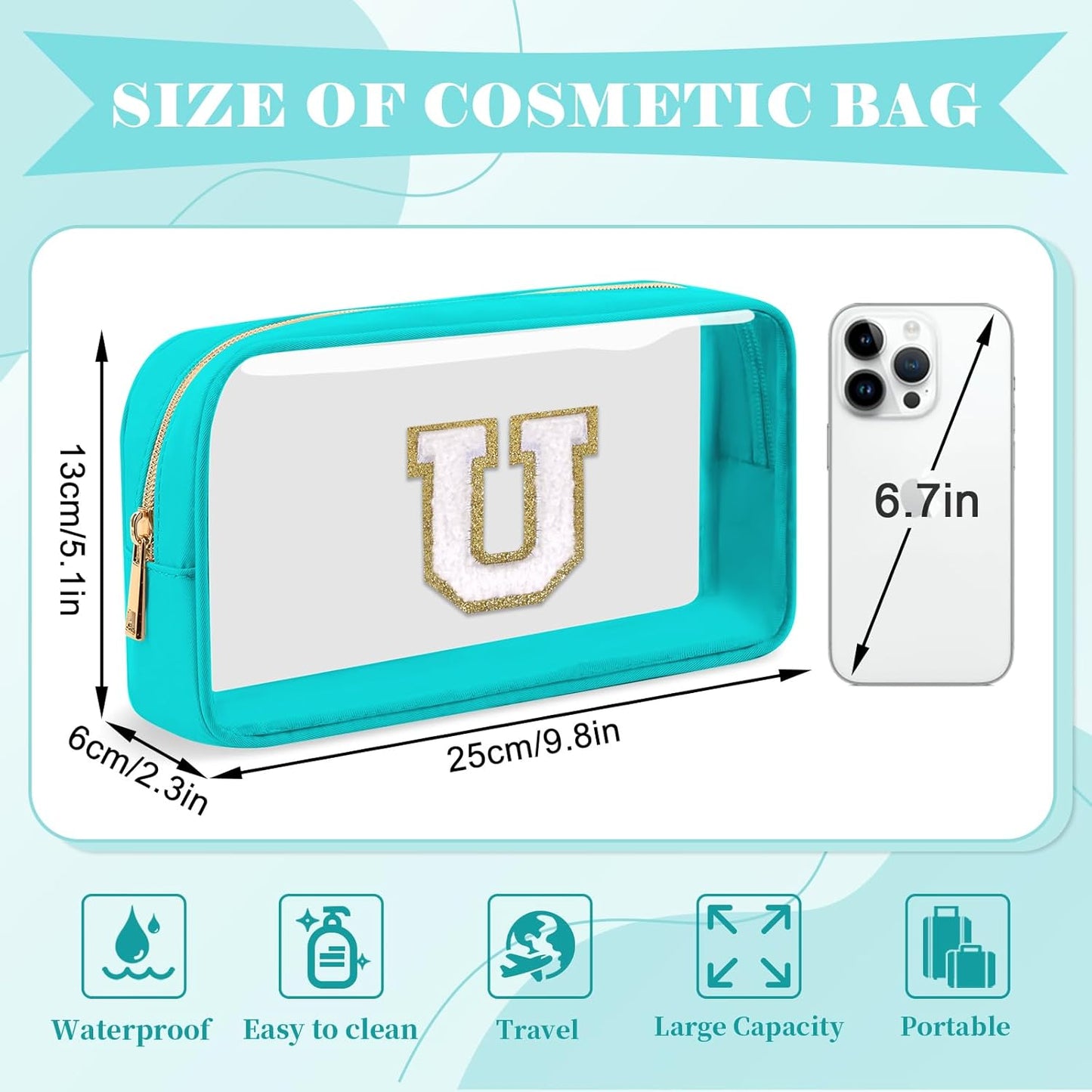 Personalized Initial Letter Clear Makeup Bag,Preppy Small Nylon&PVC Cosmetic Zipper Bag with Chenille Letter,Portable Beach Travel Skincare Toiletry Bag,Trendy Monogram Gift for Teen Girls Women,U