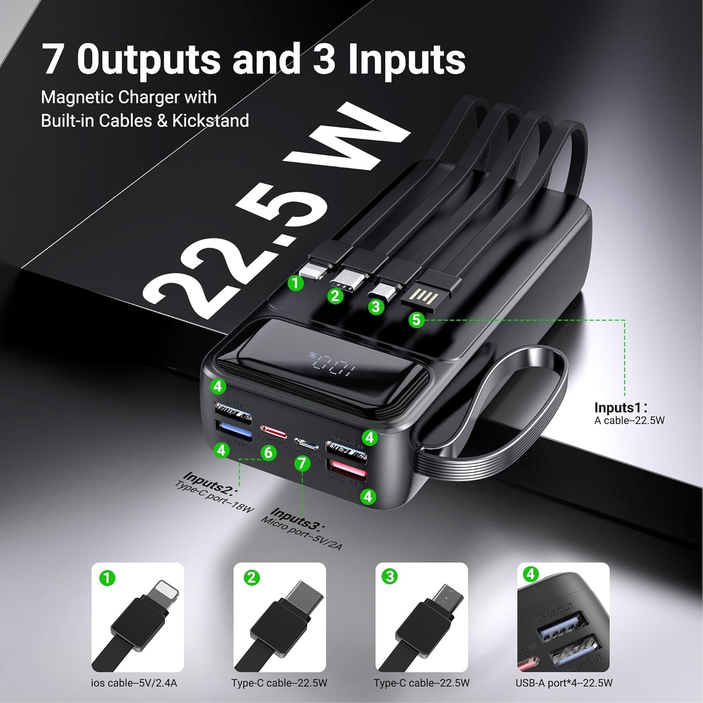 Portable Charger Power Bank 50000mAh- 7 Outputs & 3 Inputs USB-C PD 22.5W Fast Charging Powerbank Battery Pack with Built-in Cables and Ports LED Display for iPhone 16 15 14 13 Samsung Android iPad