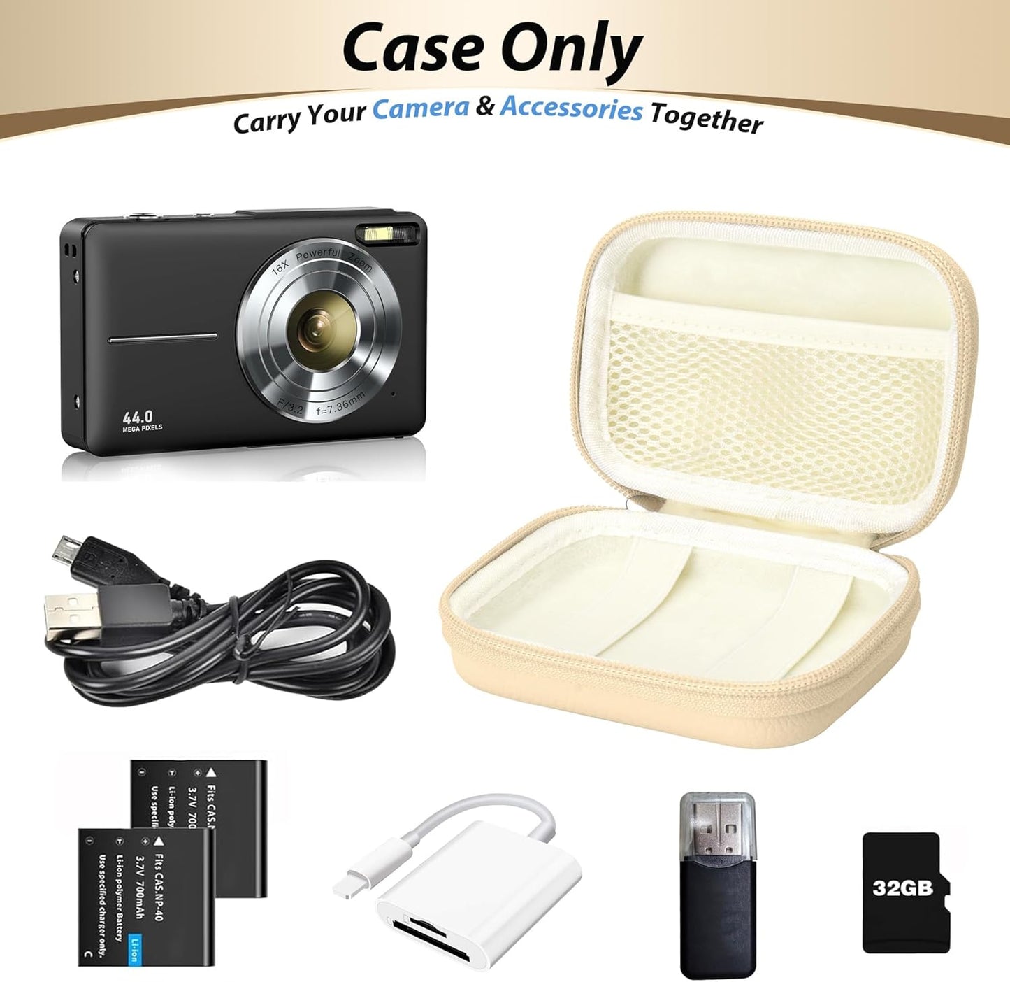 Digital Camera Case for CAMKORY, KODAK PIXPRO FZ45/FZ55, Canon IXUS 285 HS, Lecran, Small Travel Compact Camera Holder with Mesh Pocket for Accessories SD Card (Light Khaki)