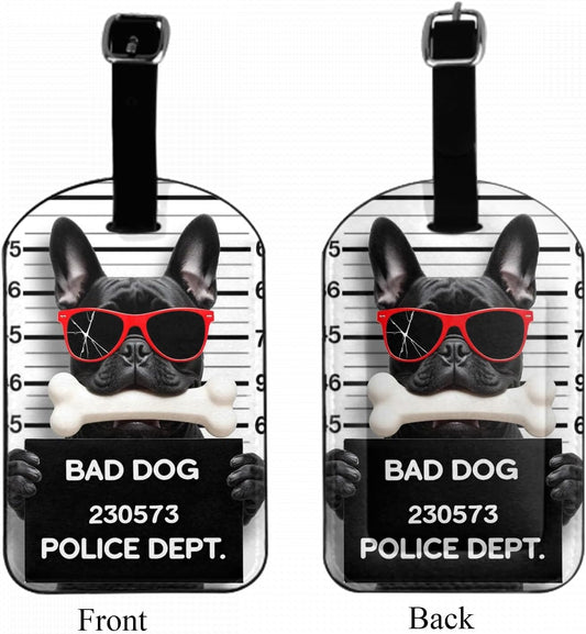 Funny French Bulldog Suitcase Tag Red Glasses Holding Placard Bone in Mouth Guilty Luggage Tags Label Cruise Instrument Bag Case Tags, 1 Pack