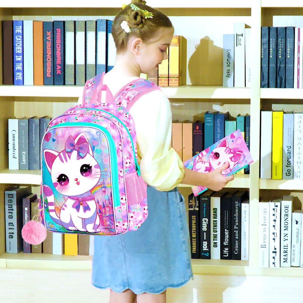 CCJPX 3PCS Cat Backpack for Girls, 16”Kids Preschool Bookbag with Lunch Box, Cute Water Resistant Elementary School Bag for Teen Kindergarten Toddler