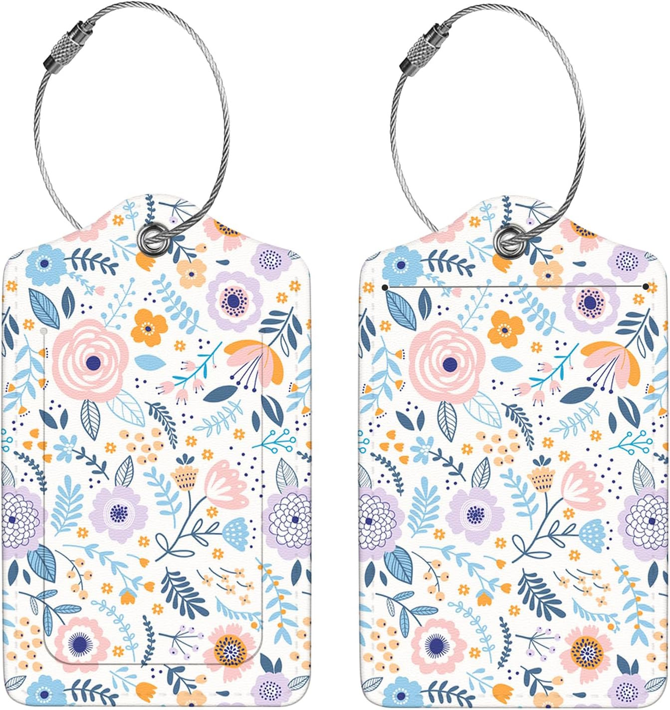 2 Pcs Luggage Tags for Suitcase, Cute Unique PU Leather Travel Bag Tag with Privacy Cover ID Label Address Card and Durable Metal Ring Suitable for Men Women Children Backpack,Colorful Flowers A