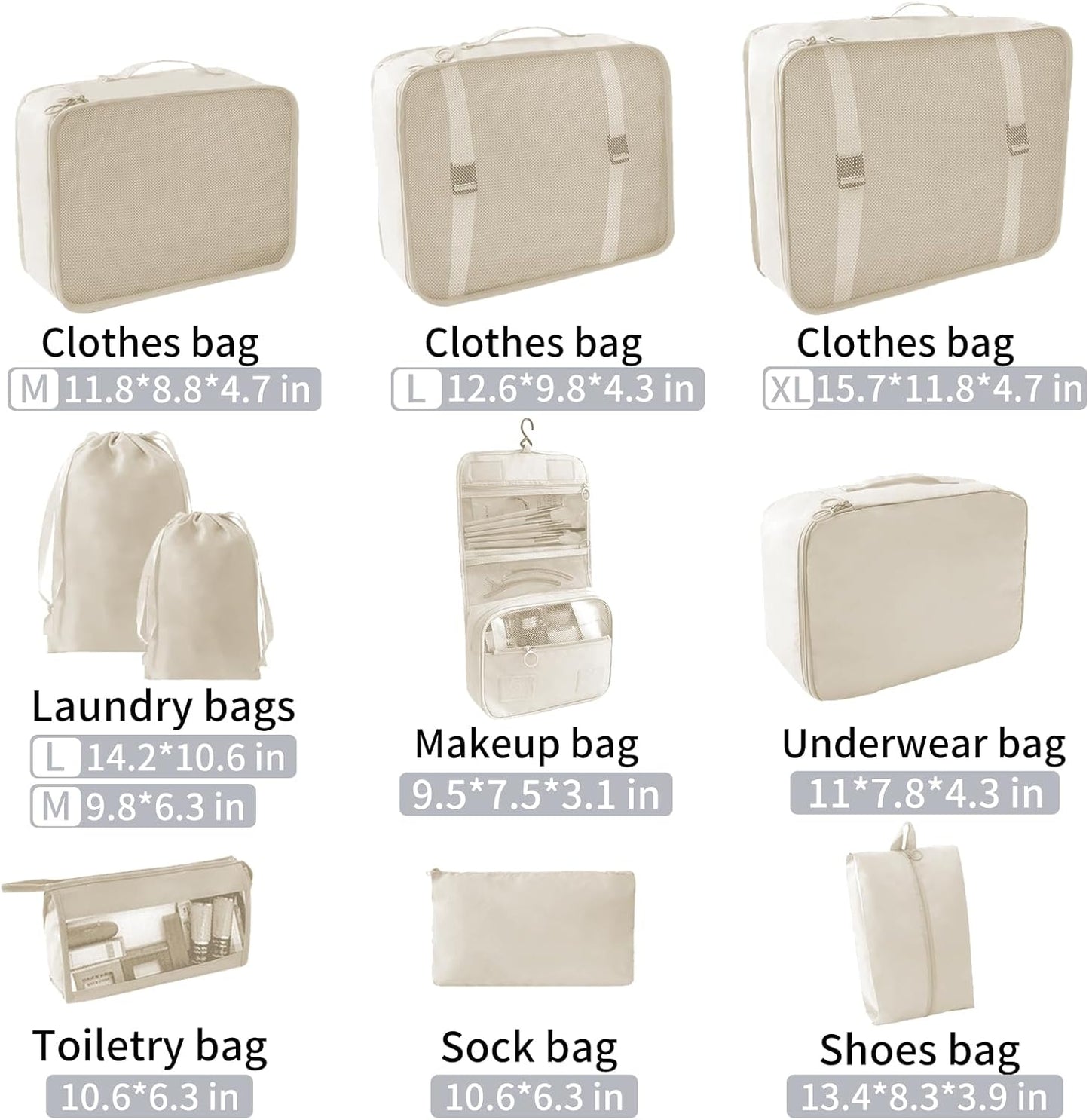 SLMT Travel Organizer 10 Set, Suitcase Organizer Bags Set, Travel Cubes for Packing, Luggage Organizers for Suitcase, Carry On Travel Organizer Bags (Beige)