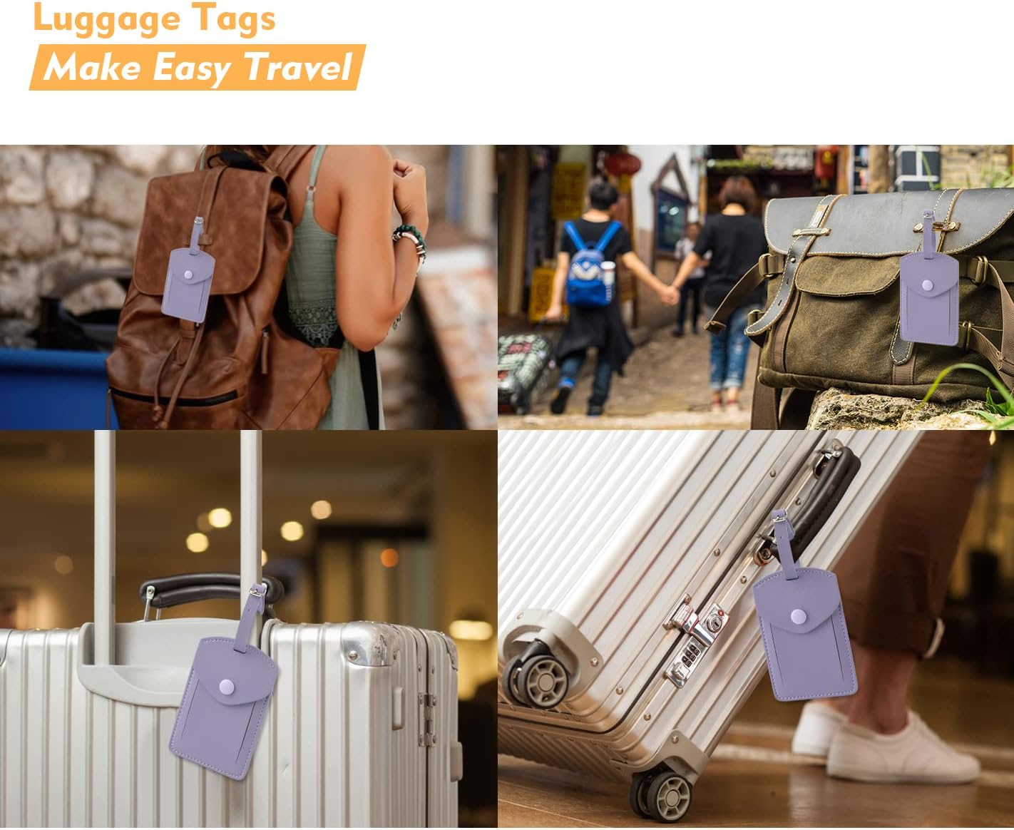 Kevancho Leather Luggage Tags for Men Women, Suitcase Labels Baggage Bag Tag ID Tags with Full Back Privacy Cover for Cruise Ships, Travel Accessories Tags Set of 2 PCS (Purple)